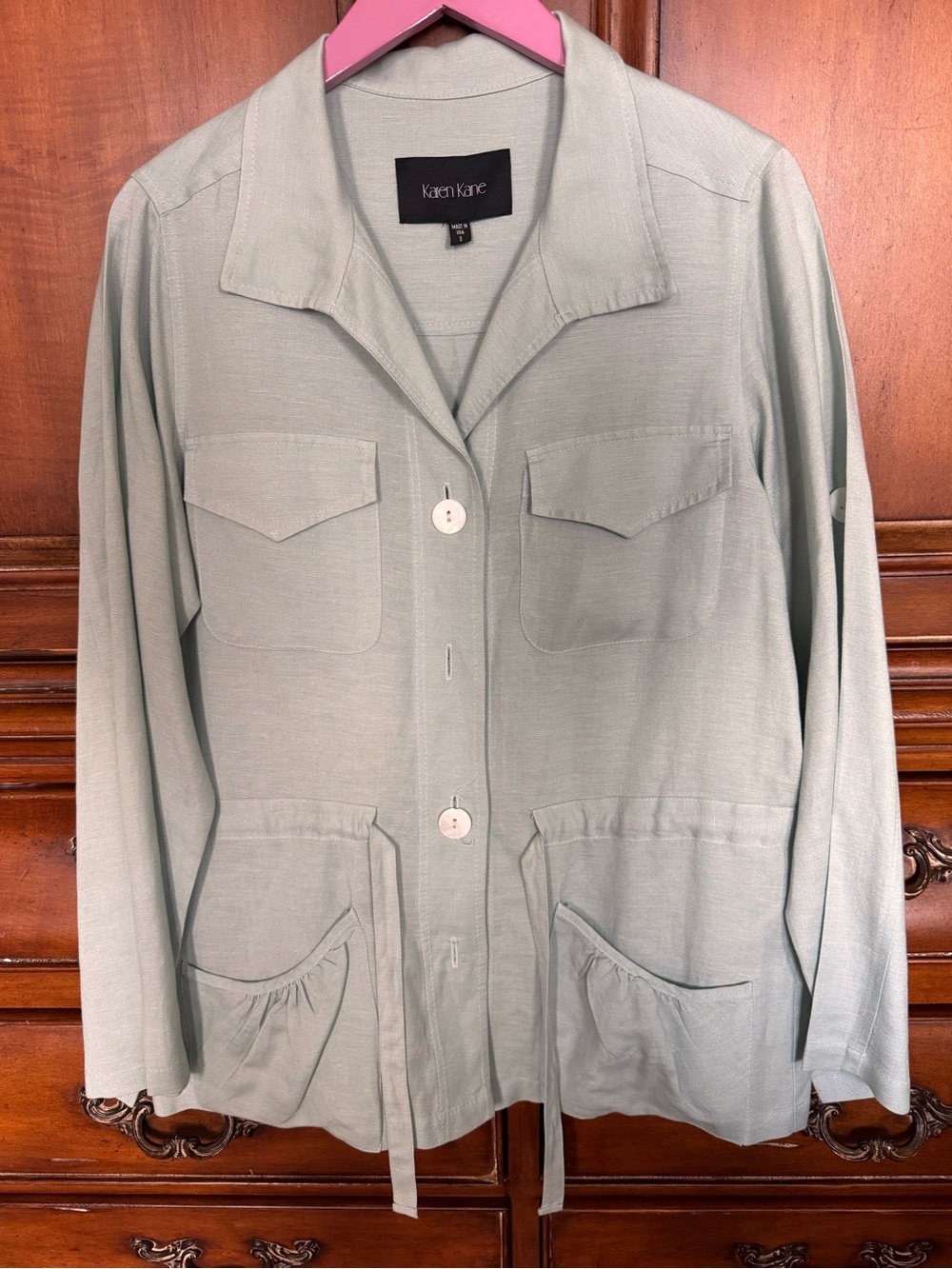 Karen Kane Light Sage Green Tie Waist Button Front Utility Jacket